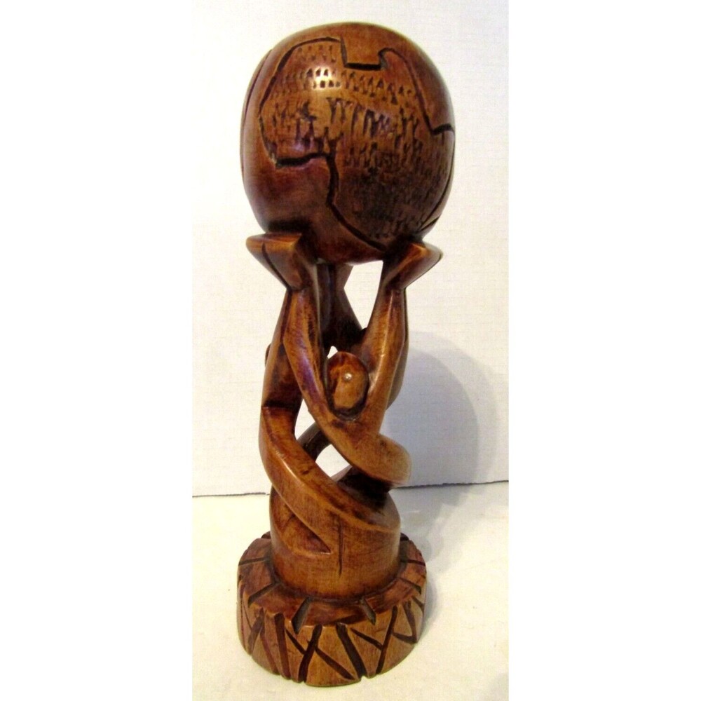 Vintage African Tribal Unity Globe Sculpture Wood Hand Carved Art 10 in
